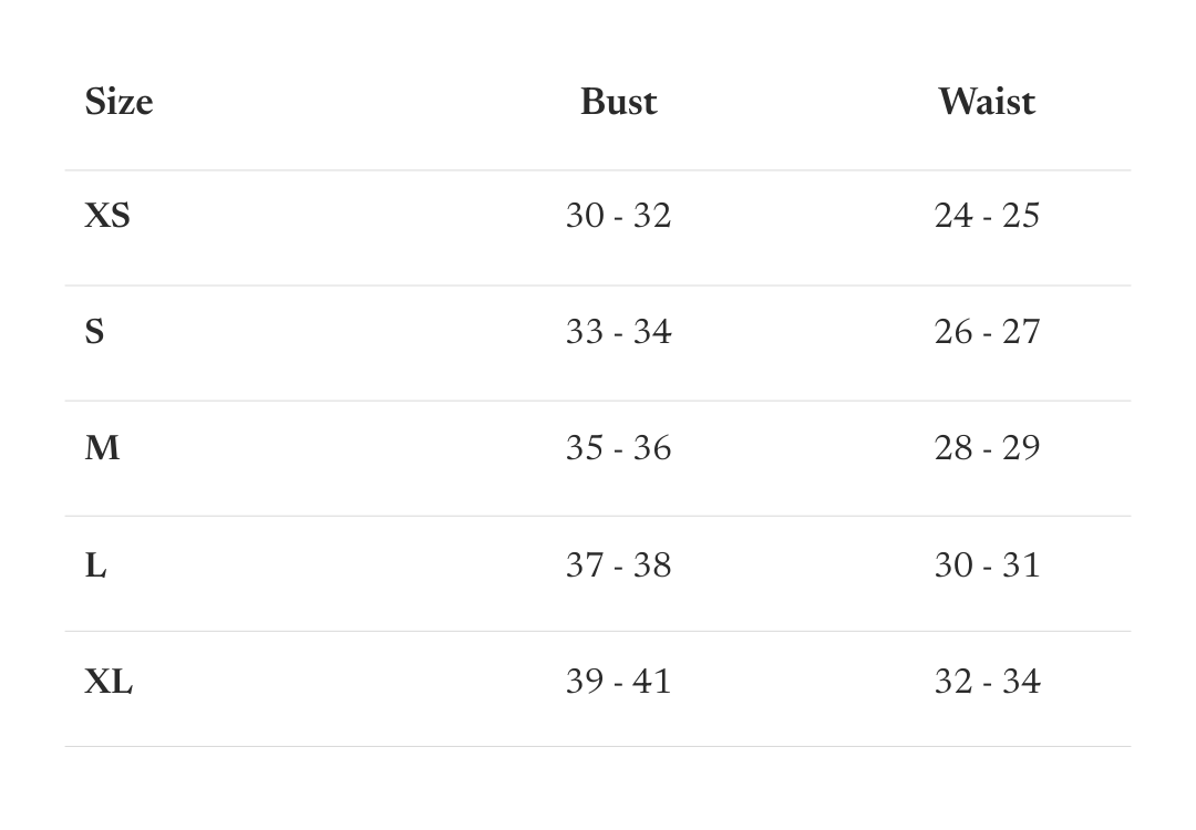Size guide for The Essential Short Set